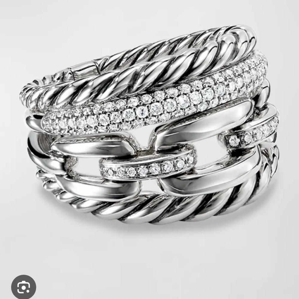 David Yurman 925 Silver with pave diamonds Wellesley four row Ring - size 8